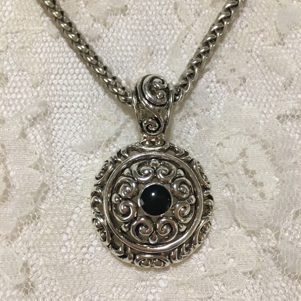 Vintage Premier Designs Medallion Pendant Necklace Nora Black Cabochon Scrolled - Picture 2 of 10